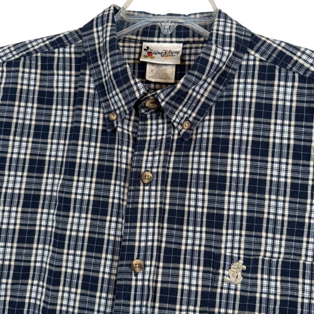 Walt Disney World Button Down Shirt Mens XL Navy White Plaid Mickey Mouse Cotton